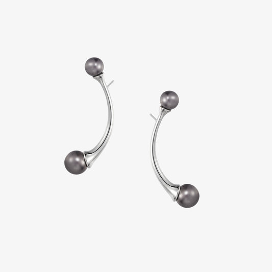 TIKOO original design curved double drop earrings in heavy white gold plating with grey Swarovski crystal pearls.