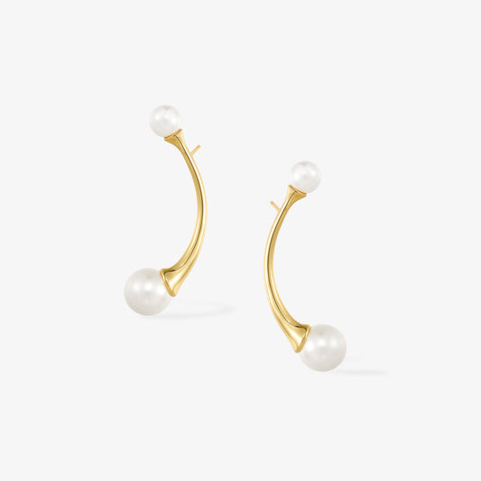 TIKOO original design 18K gold plated earrings featuring two Swarovski crystal pearls on a curved bar.