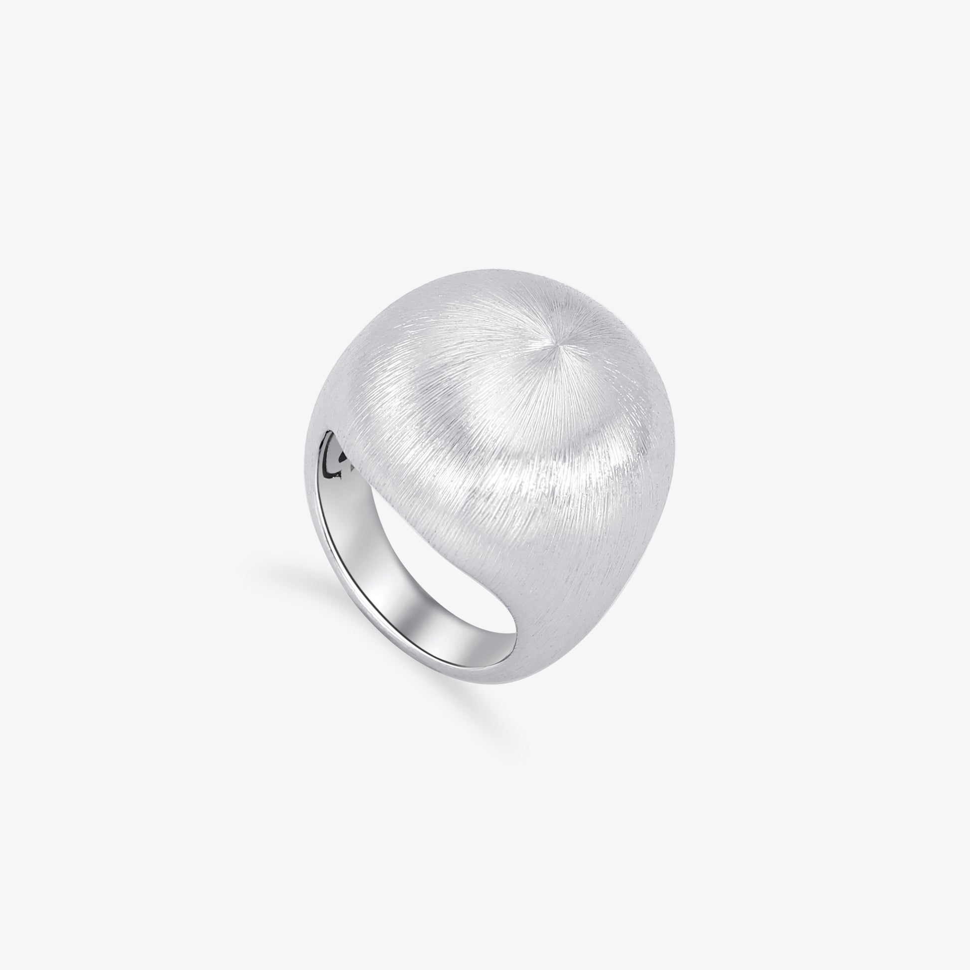TIKOO original design chunky dome ring in white gold plated brushed finish, white background.