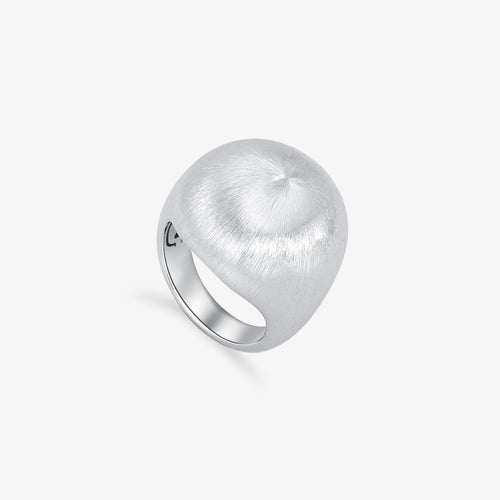 TIKOO original design chunky dome ring in white gold plated brushed finish, white background.