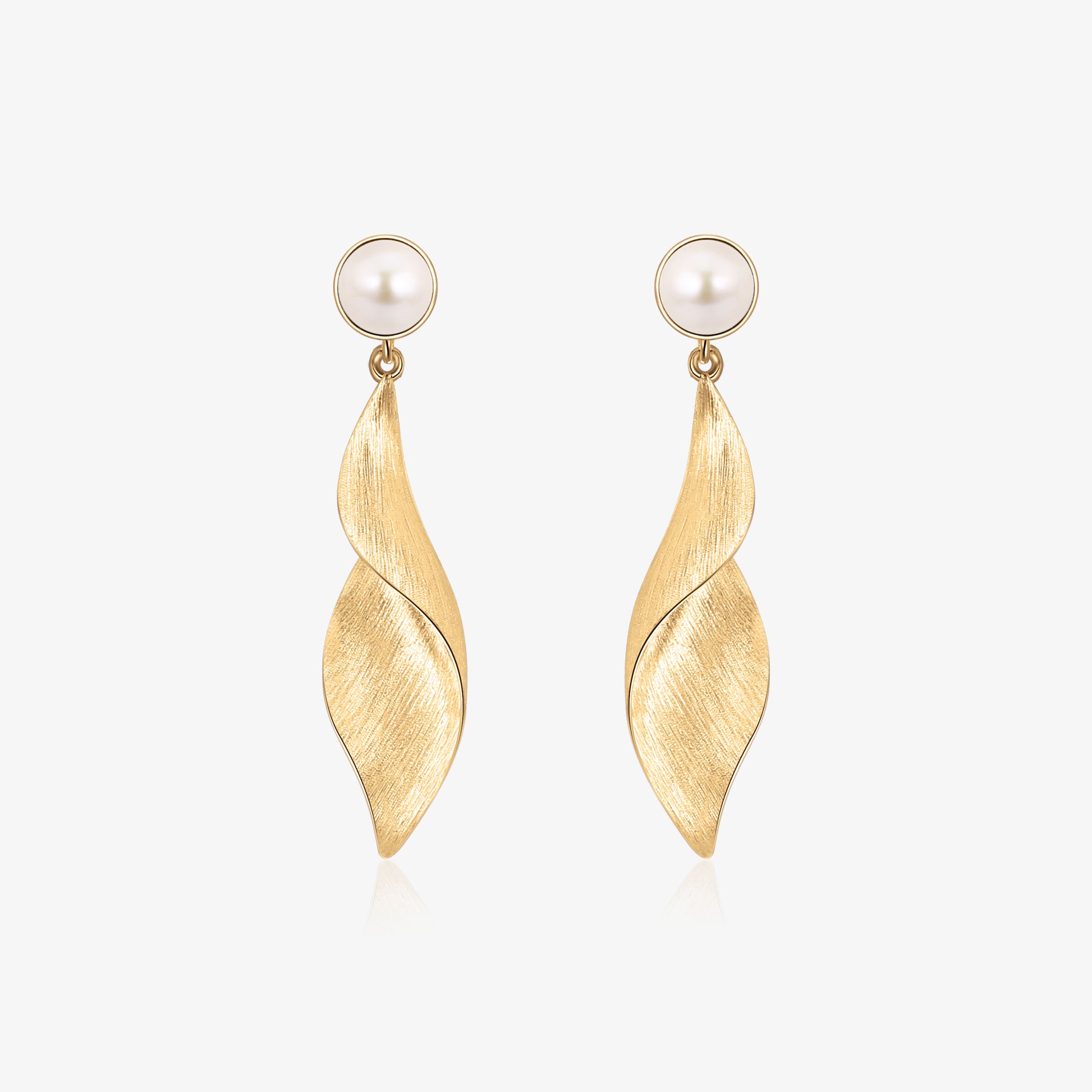 TIKOO original 18K gold plated twisted leaf drop earrings with natural pearls on white background.