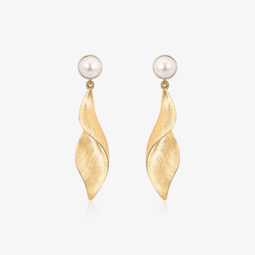 TIKOO original 18K gold plated twisted leaf drop earrings with natural pearls on white background.