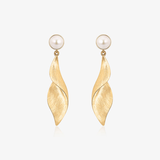 TIKOO original 18K gold plated twisted leaf drop earrings with natural pearls on white background.