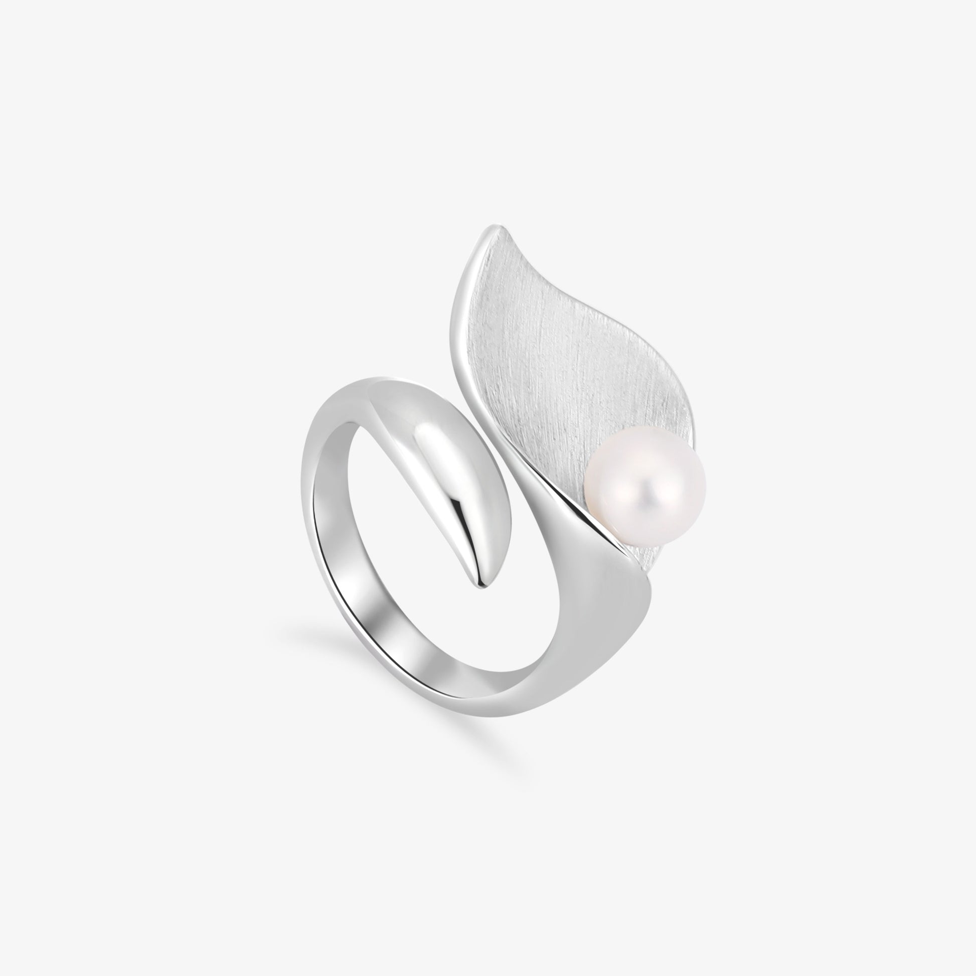 TIKOO original design platinum plated leaf wrap ring with natural pearl on white background.