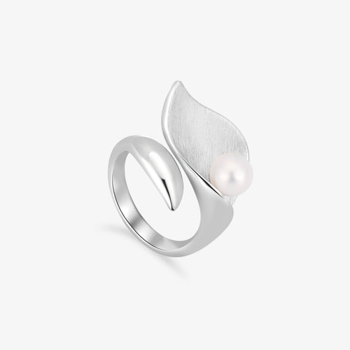 TIKOO original design platinum plated leaf wrap ring with natural pearl on white background.