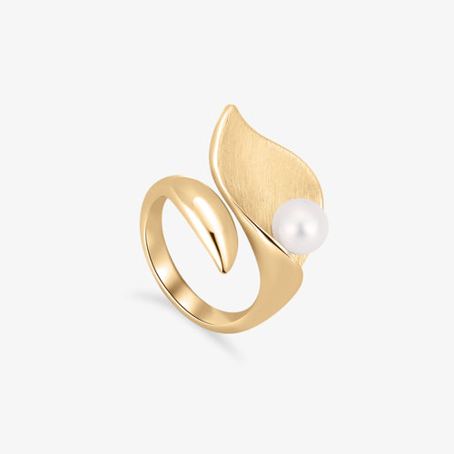 TIKOO brand original leaf-shaped wrap ring with a natural pearl, 18K gold plated brass.