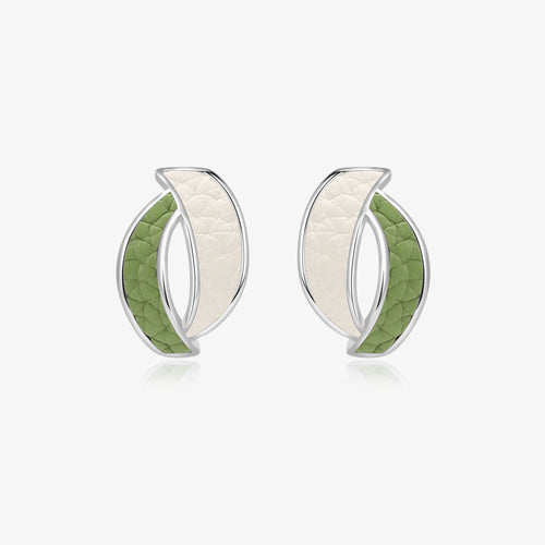 TIKOO original design leaf-shaped stud earrings featuring two-tone white and green genuine leather inlays.