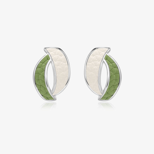 TIKOO original design leaf-shaped stud earrings featuring two-tone white and green genuine leather inlays.