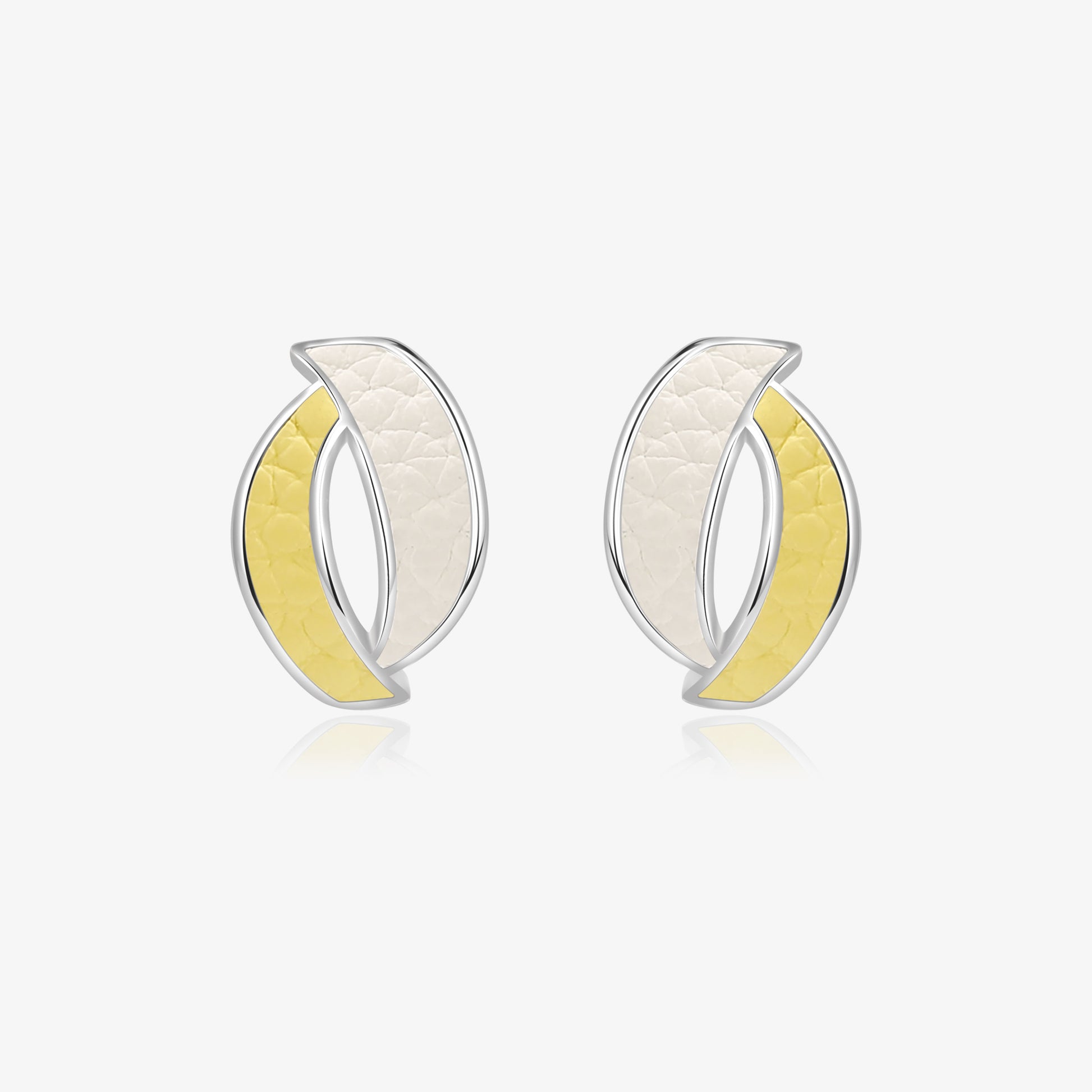 TIKOO original design abstract curved stud earrings with white and yellow genuine leather inlays and white gold plating.
