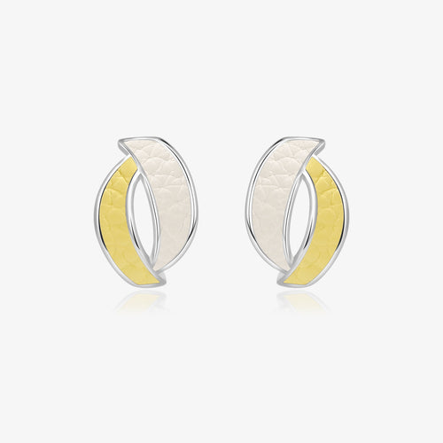 TIKOO original design abstract curved stud earrings with white and yellow genuine leather inlays and white gold plating.