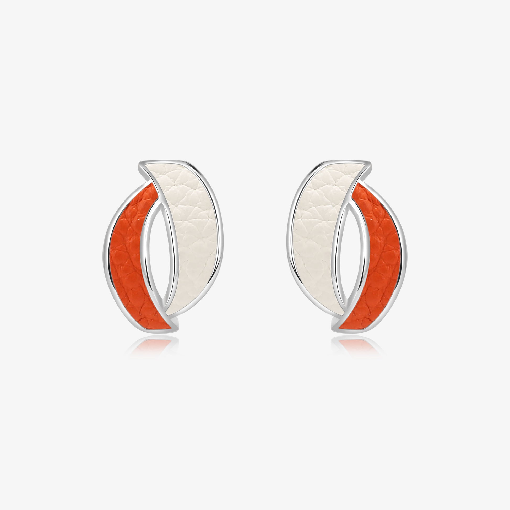 TIKOO original design curved stud earrings featuring two-tone orange and white genuine leather inlays.