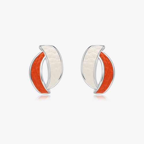 TIKOO original design curved stud earrings featuring two-tone orange and white genuine leather inlays.