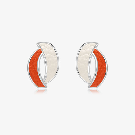 TIKOO original design curved stud earrings featuring two-tone orange and white genuine leather inlays.
