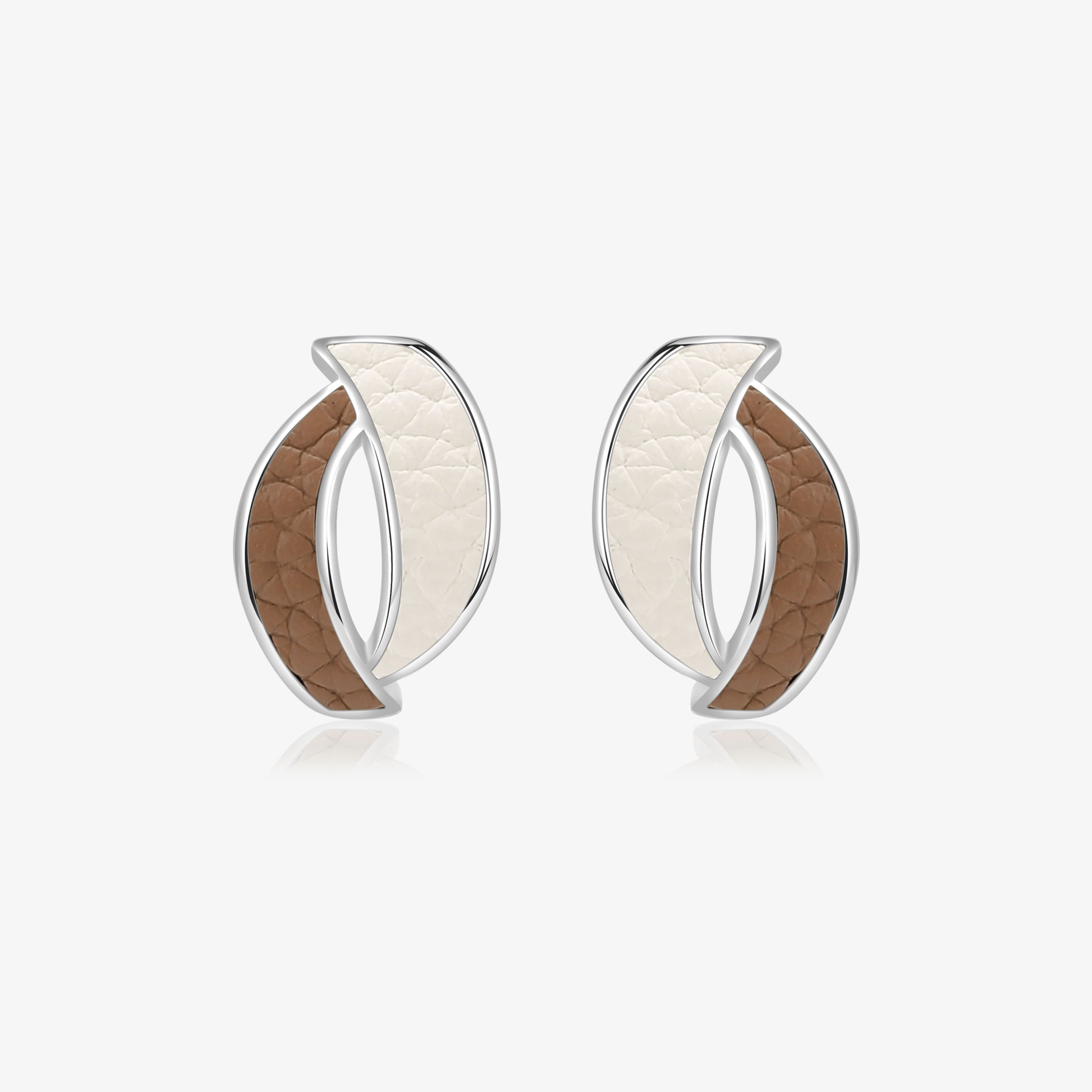 TIKOO original design abstract curved stud earrings featuring two-tone brown and white genuine leather inlays.