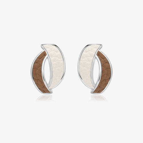 TIKOO original design abstract curved stud earrings featuring two-tone brown and white genuine leather inlays.
