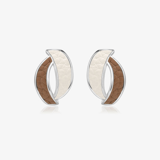 TIKOO original design abstract curved stud earrings featuring two-tone brown and white genuine leather inlays.