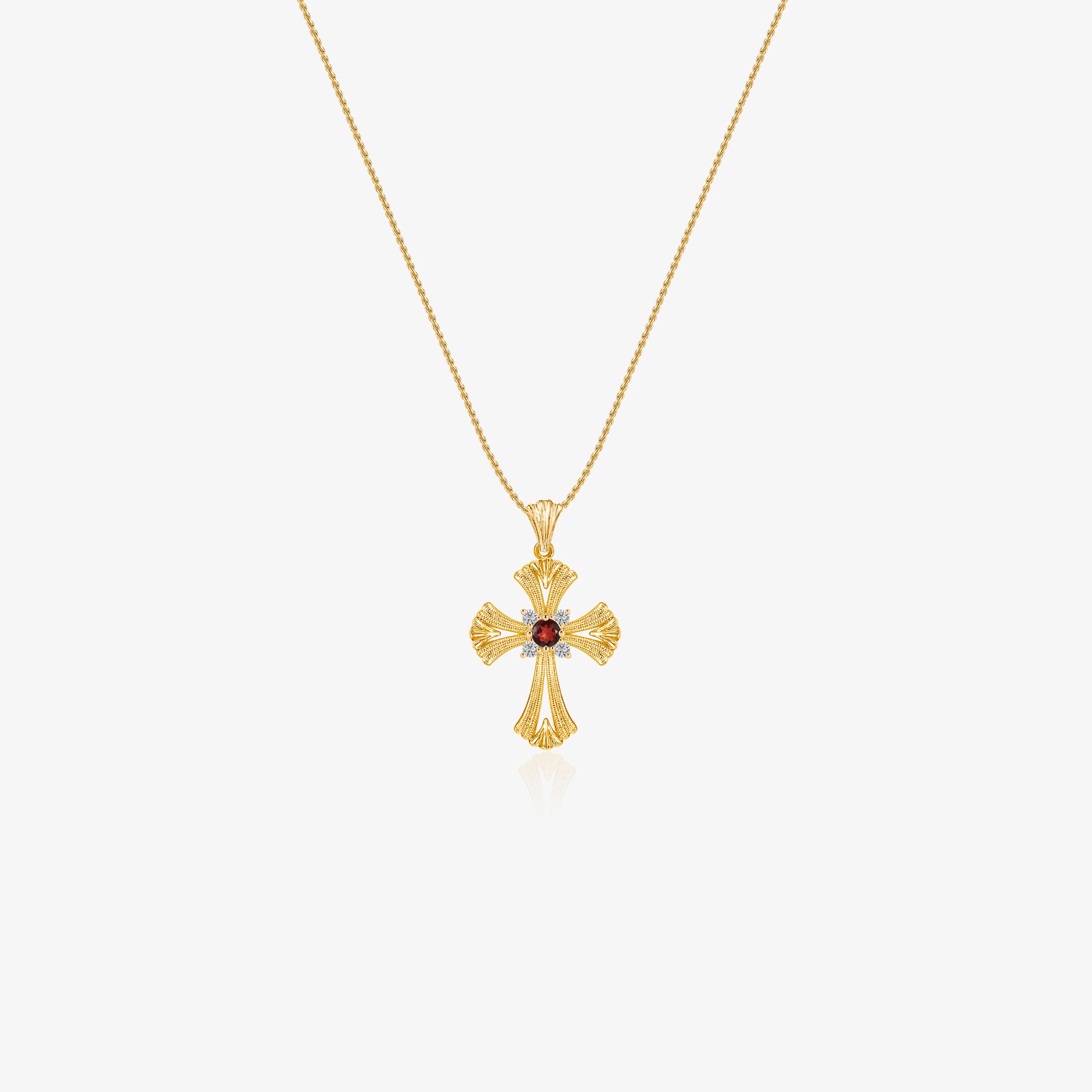 TIKOO original design cross pendant necklace with a natural red garnet and moissanite on a white background.