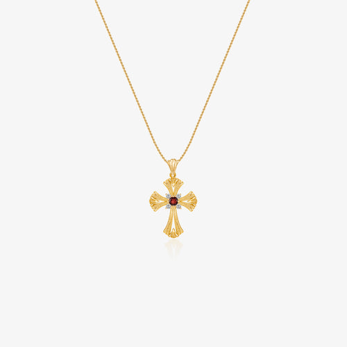 TIKOO original design cross pendant necklace with a natural red garnet and moissanite on a white background.