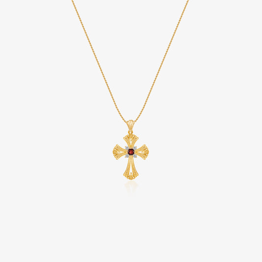 TIKOO original design cross pendant necklace with a natural red garnet and moissanite on a white background.
