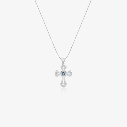 TIKOO original cross pendant necklace with a blue topaz center and moissanite accents on white background.