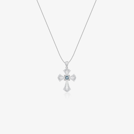 TIKOO original cross pendant necklace with a blue topaz center and moissanite accents on white background.