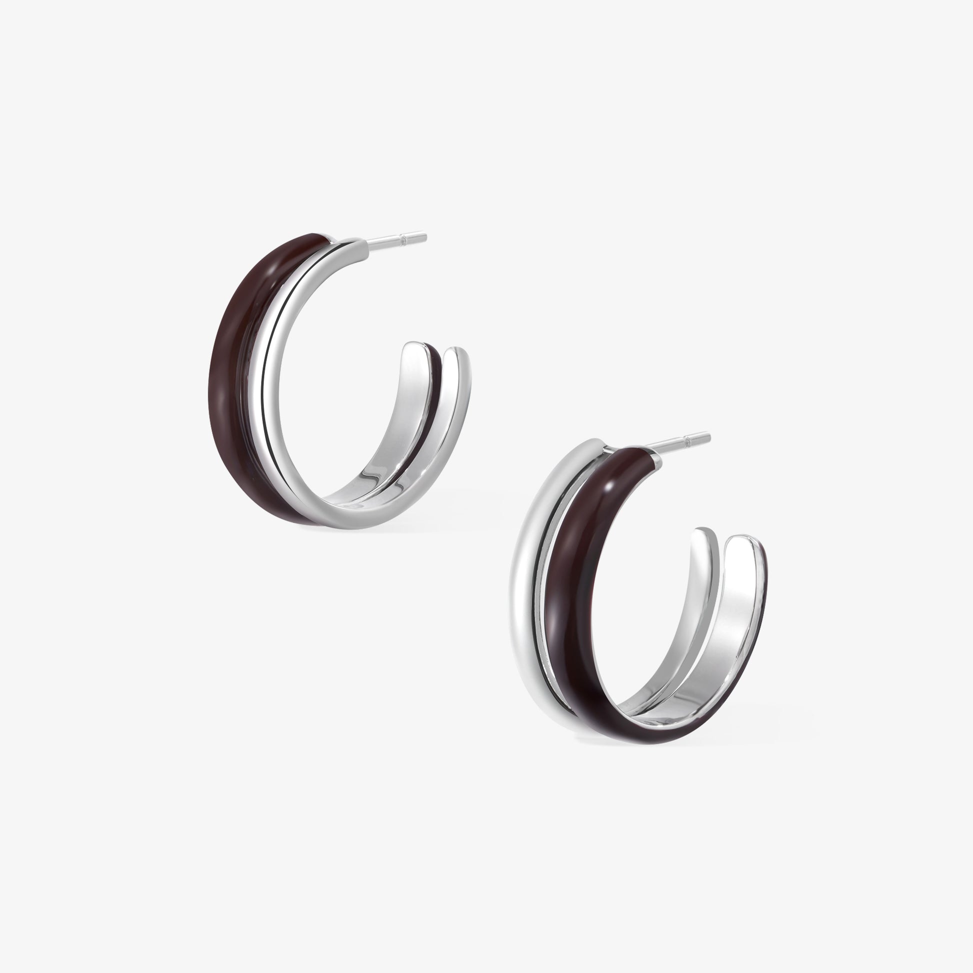 TIKOO original deep coffee brown enamel double-layer hoop earrings on white background.