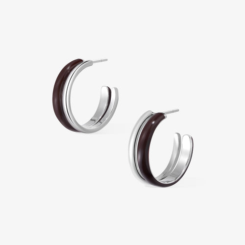TIKOO original deep coffee brown enamel double-layer hoop earrings on white background.