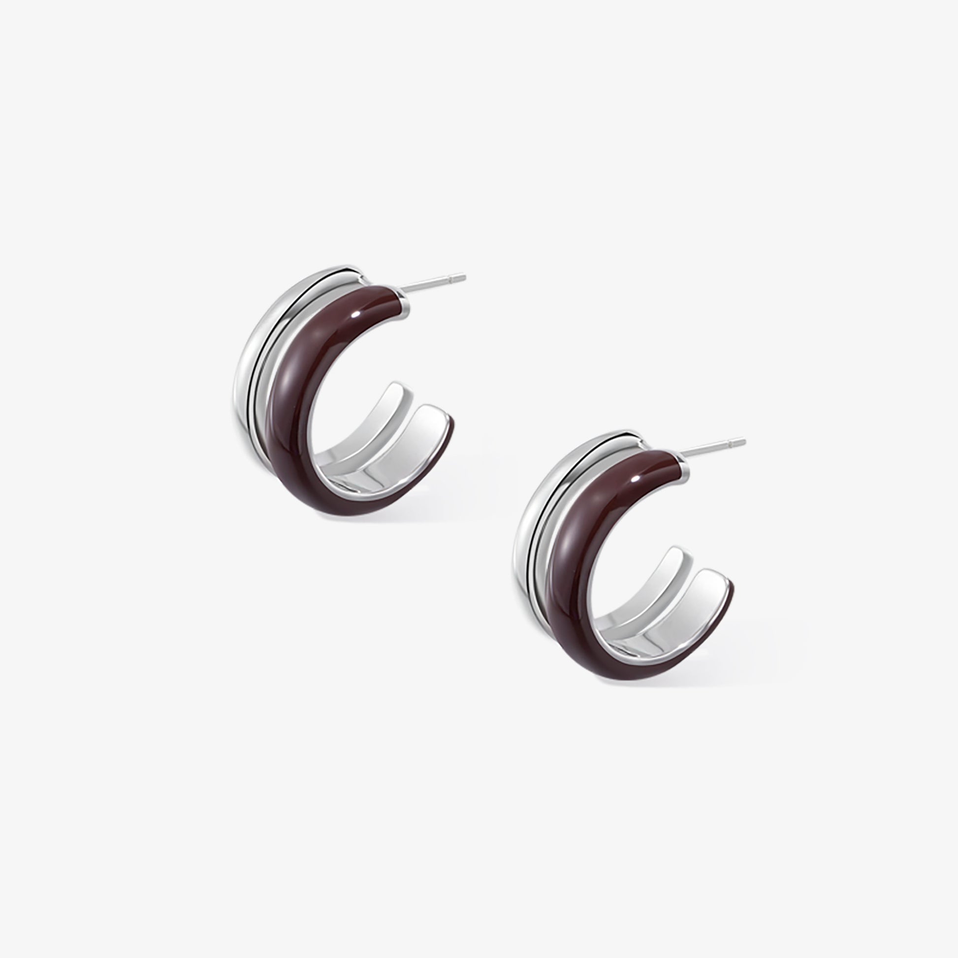TIKOO original deep coffee brown enamel double-layer hoop earrings on white background.