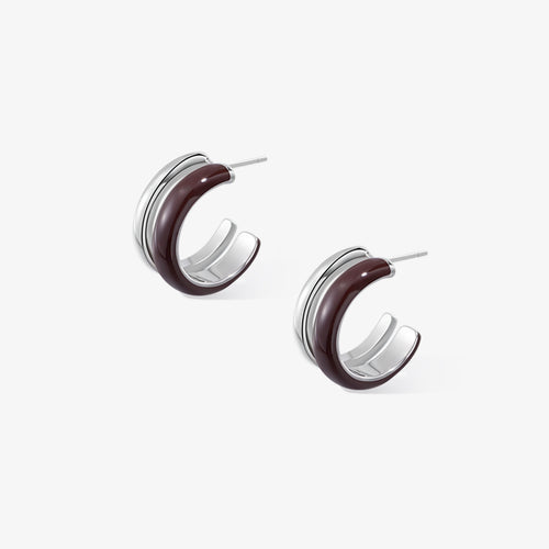 TIKOO original deep coffee brown enamel double-layer hoop earrings on white background.