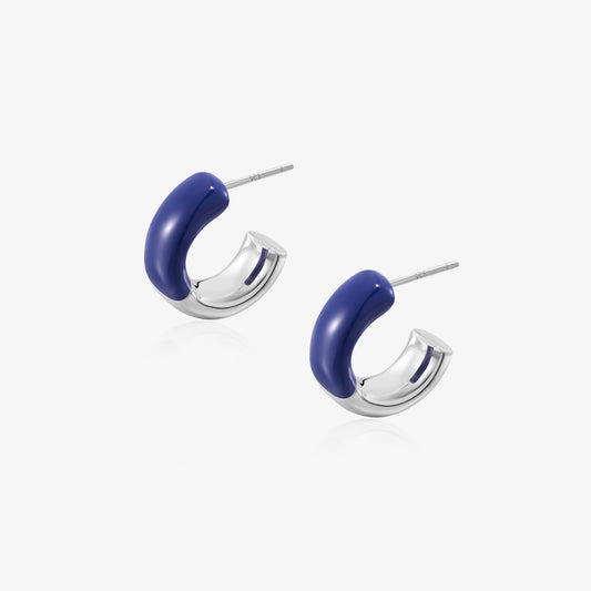 TIKOO original design blue cold enamel C-shaped hoop earrings with thick platinum plating on a clean white background.