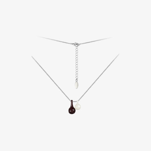 TIKOO brand original design gourd-shaped pendant necklace with brown and white cold enamel, platinum-plated silver tone chain on white background.