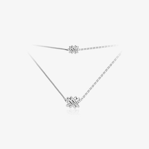 TIKOO original design long knot necklace in platinum-plated eco-friendly brass featuring asymmetric chains.