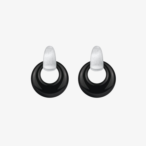 A pair of TIKOO original design earrings featuring natural black onyx donuts suspended from platinum-plated textured studs, set against a clean white background.