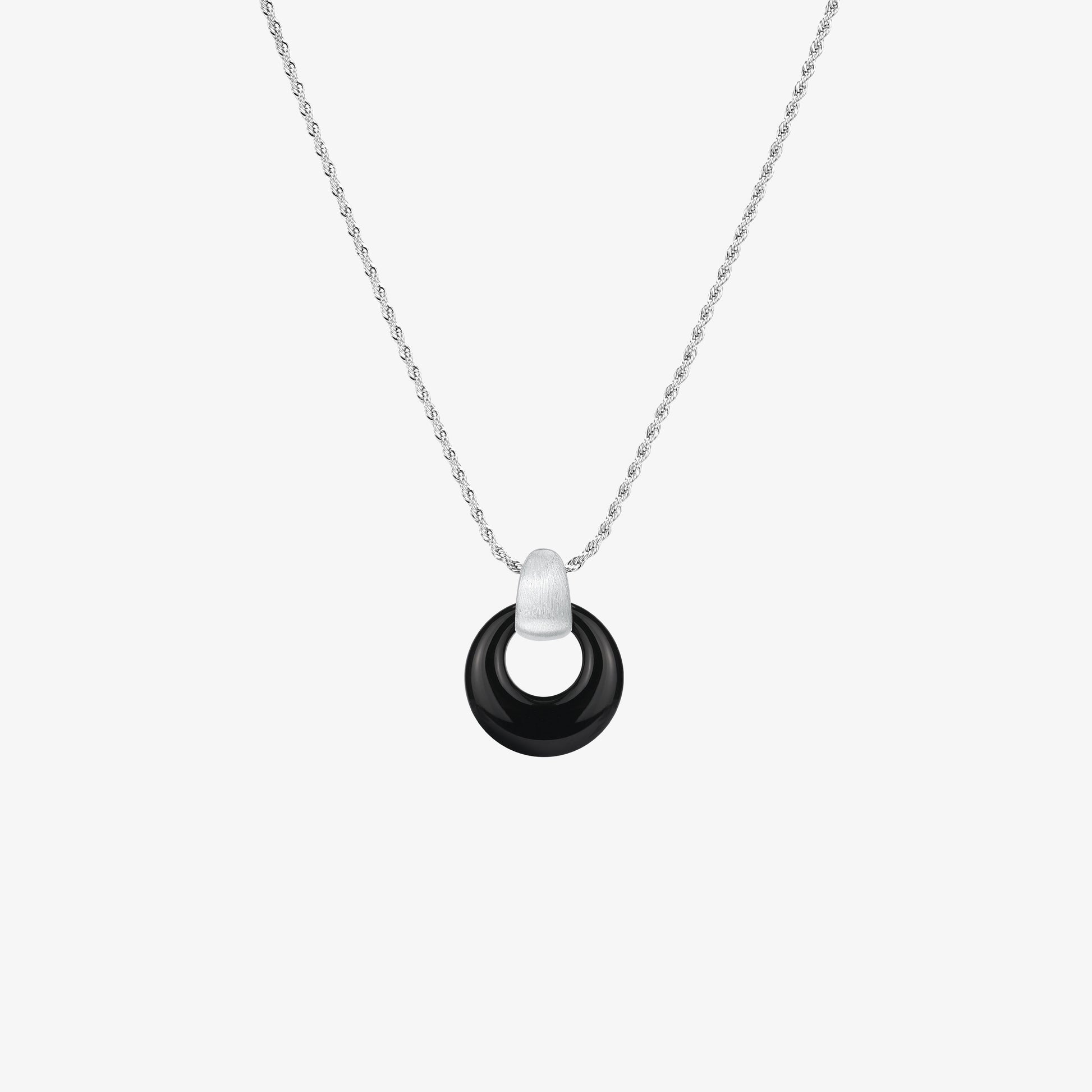 TIKOO original design black onyx circle pendant necklace with platinum plated eco-copper bail on a white background.