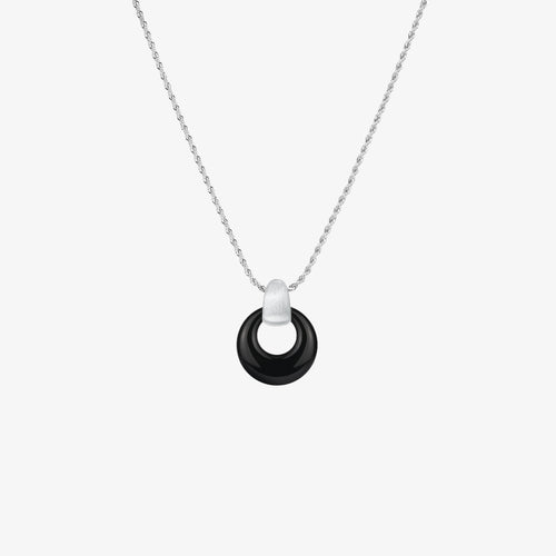 TIKOO original design black onyx circle pendant necklace with platinum plated eco-copper bail on a white background.
