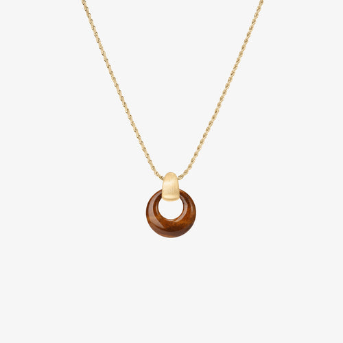TIKOO original design natural tiger eye circle pendant necklace with 18k gold plated rope chain on white background.