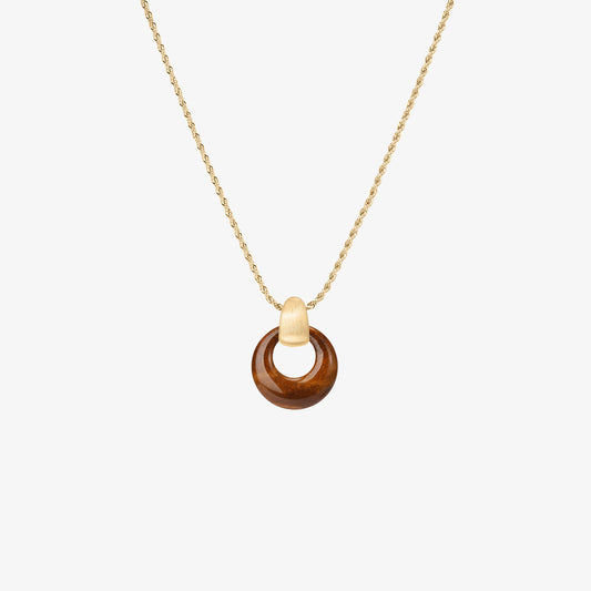TIKOO original design natural tiger eye circle pendant necklace with 18k gold plated rope chain on white background.