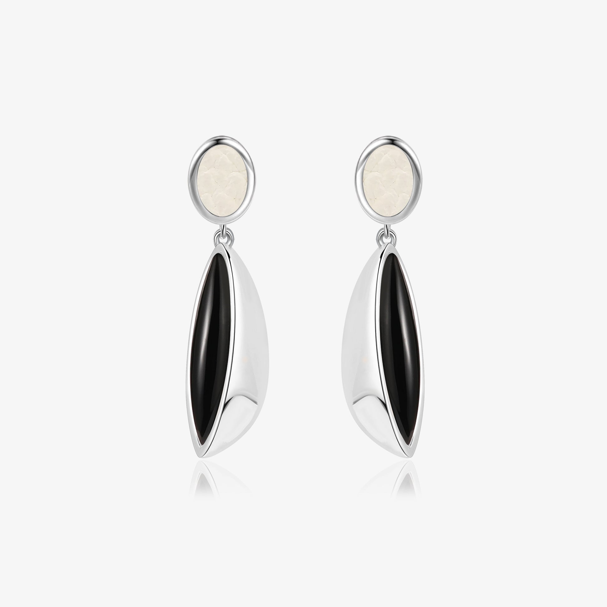 TIKOO original drop earrings featuring natural black onyx and white leather inlay on white background.