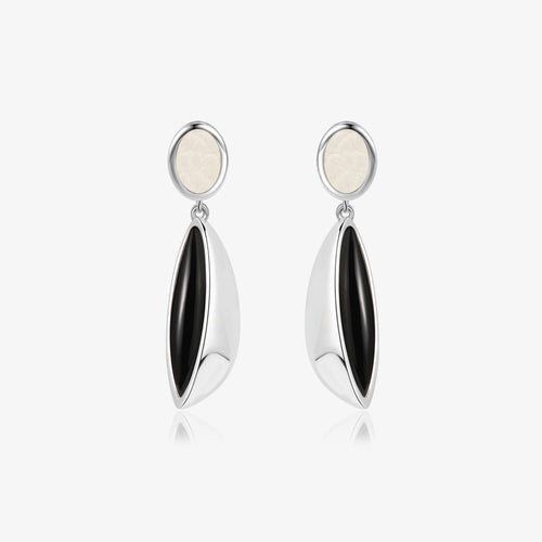 TIKOO original drop earrings featuring natural black onyx and white leather inlay on white background.