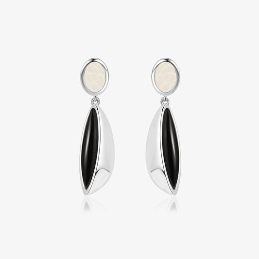 TIKOO original drop earrings featuring natural black onyx and white leather inlay on white background.