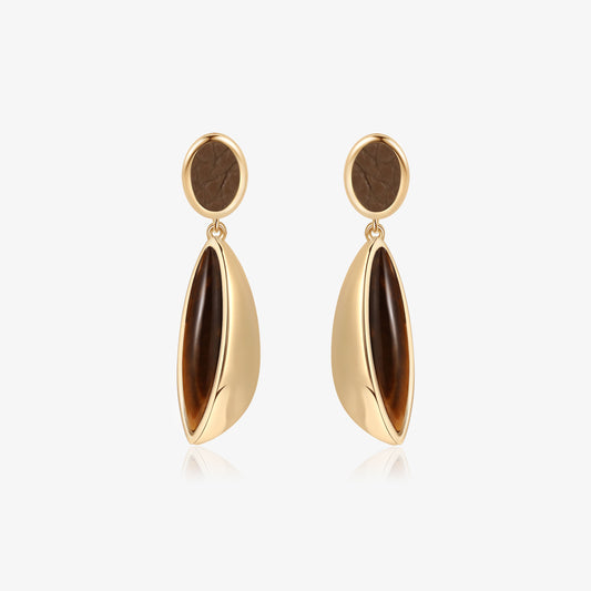 TIKOO original drop earrings featuring natural tiger's eye and brown leather inlay with thick 18K gold plating.