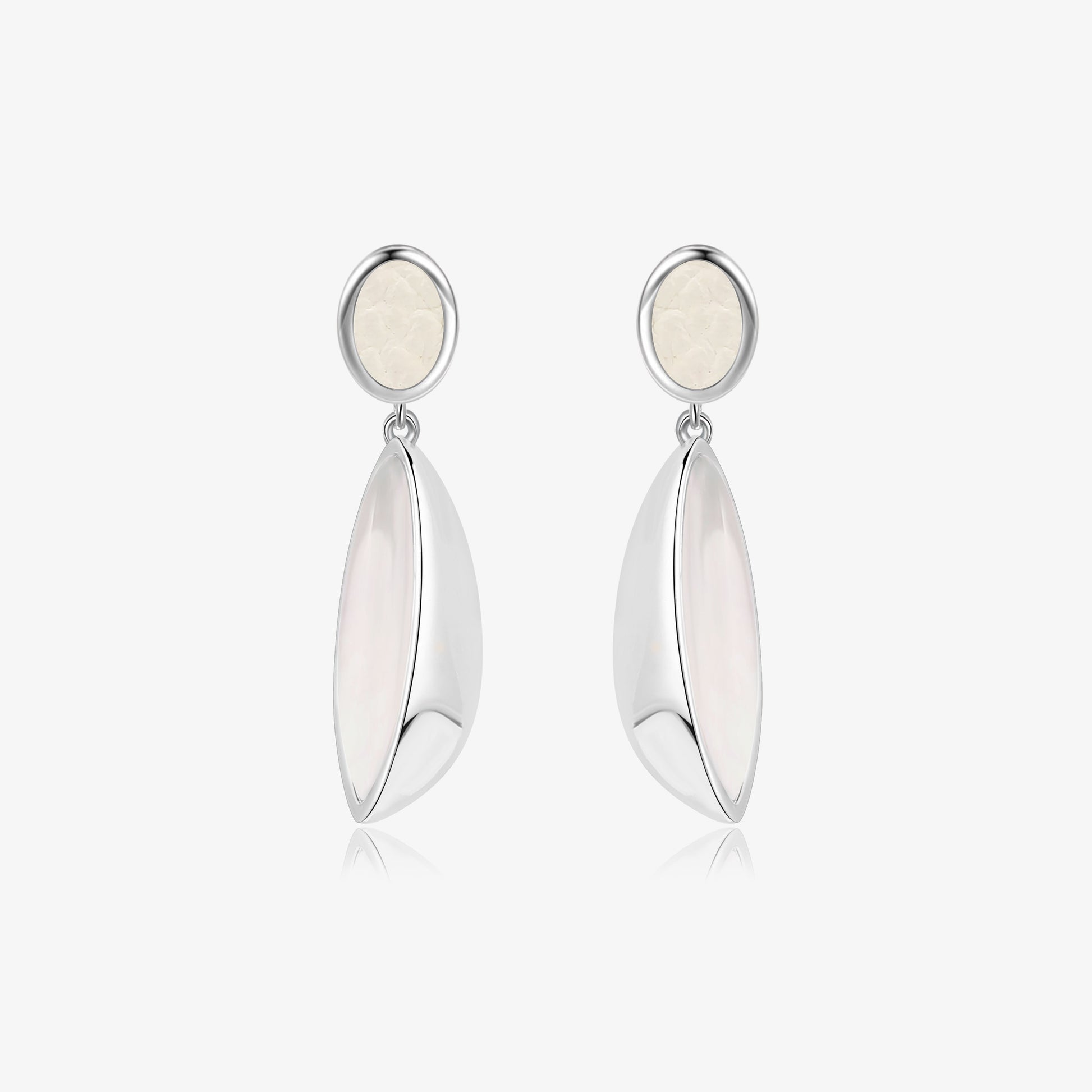 Pair of TIKOO original white tiger's eye and genuine leather drop earrings with platinum plated finish on a white background.