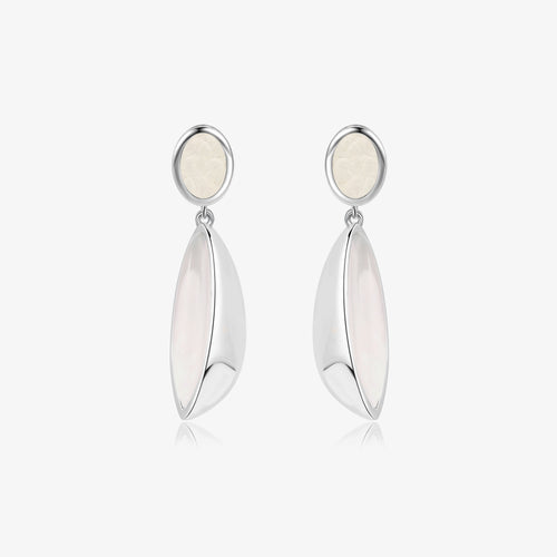 Pair of TIKOO original white tiger's eye and genuine leather drop earrings with platinum plated finish on a white background.