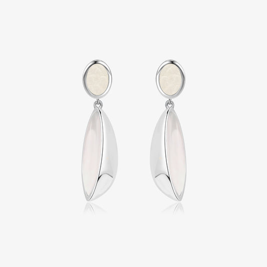 Pair of TIKOO original white tiger's eye and genuine leather drop earrings with platinum plated finish on a white background.