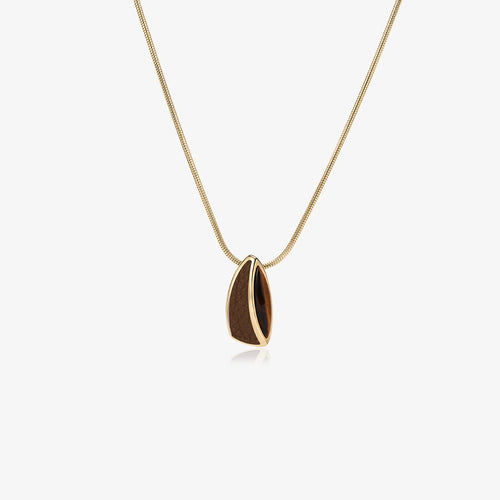 TIKOO original sculptural pendant necklace with natural tiger's eye and brown leather inlay, thick 18K gold plated.