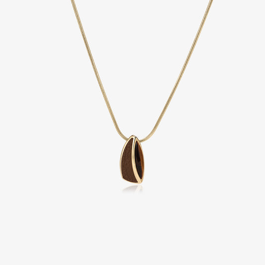 TIKOO original sculptural pendant necklace with natural tiger's eye and brown leather inlay, thick 18K gold plated.