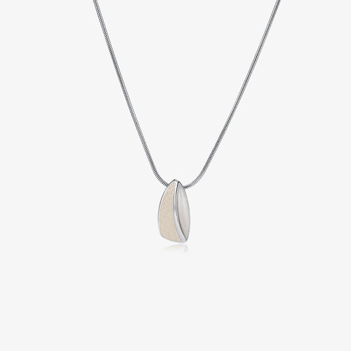 TIKOO brand original design necklace featuring a white tiger's eye gemstone and white leather inlay pendant on a platinum-plated snake chain.