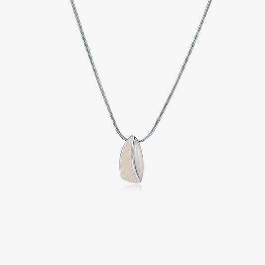 TIKOO brand original design necklace featuring a white tiger's eye gemstone and white leather inlay pendant on a platinum-plated snake chain.