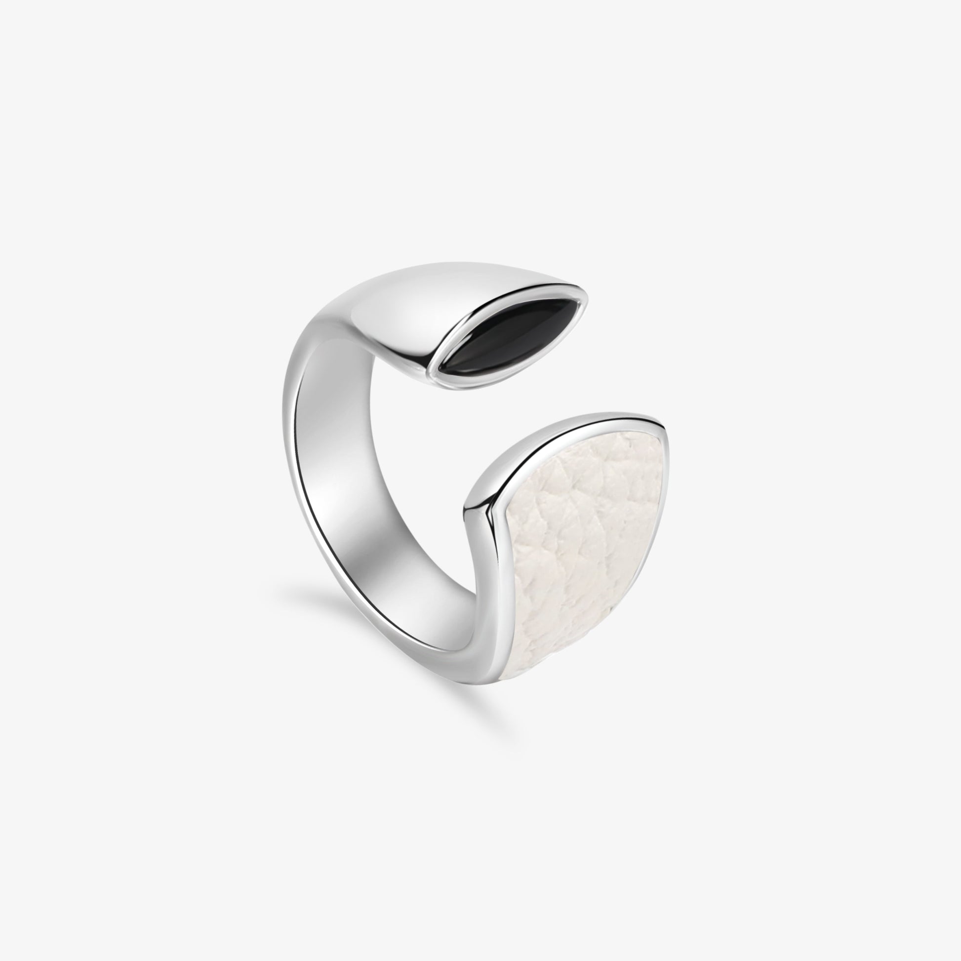 TIKOO original sculptural open ring with black onyx and white leather inlay on white background.