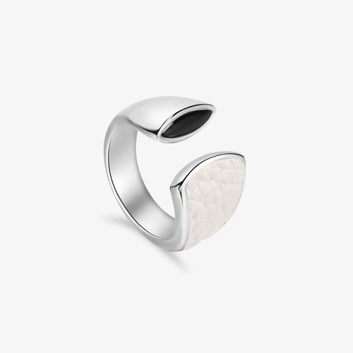 TIKOO original sculptural open ring with black onyx and white leather inlay on white background.